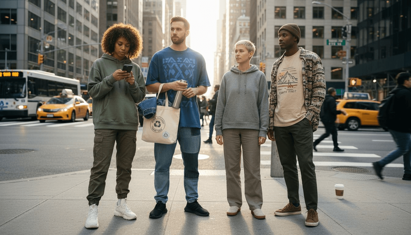 Millennials in sustainable streetwear on city street