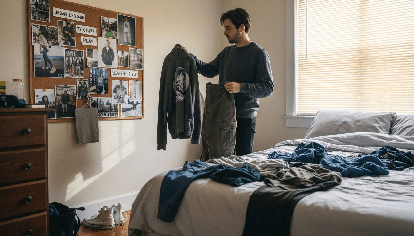 Person choosing streetwear pieces in messy bedroom