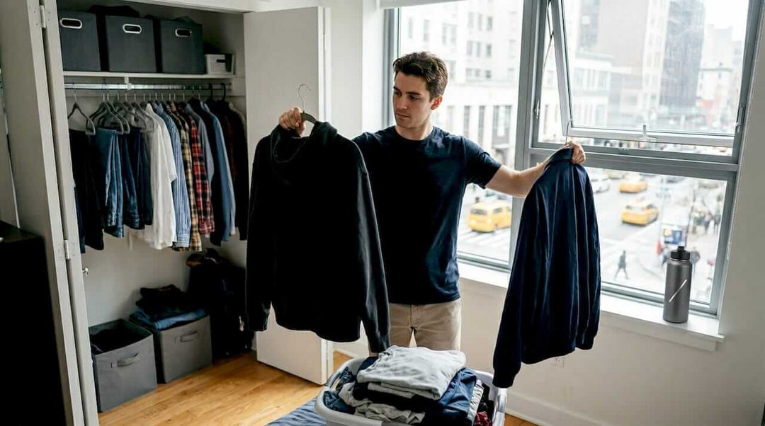 Man comparing cotton and polyester jackets