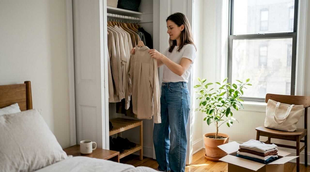 Woman choosing sustainable clothes in bedroom
