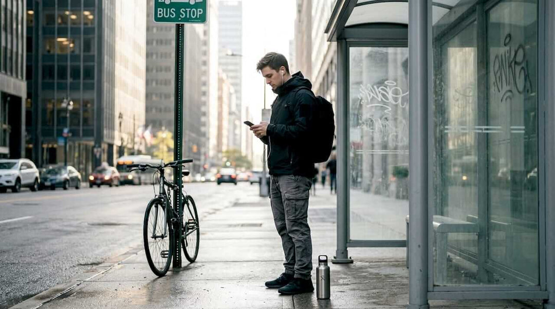 Urban commuter wearing practical techwear outfit
