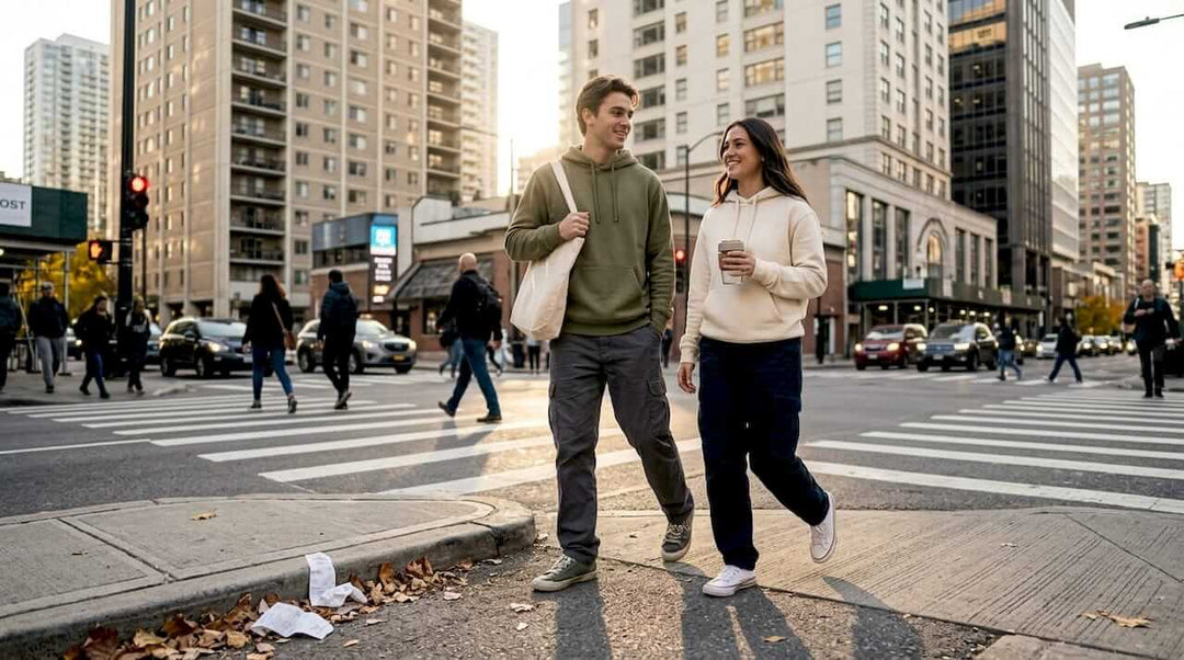 Young adults in eco streetwear crossing busy city street