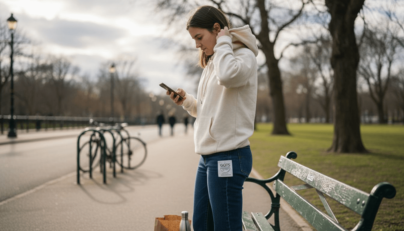 Young woman in organic streetwear hoodie urban park