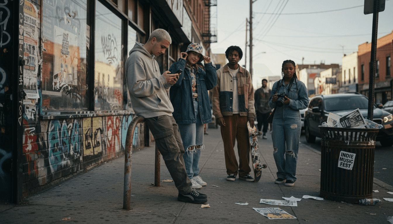 Young adults in city streetwear gathering