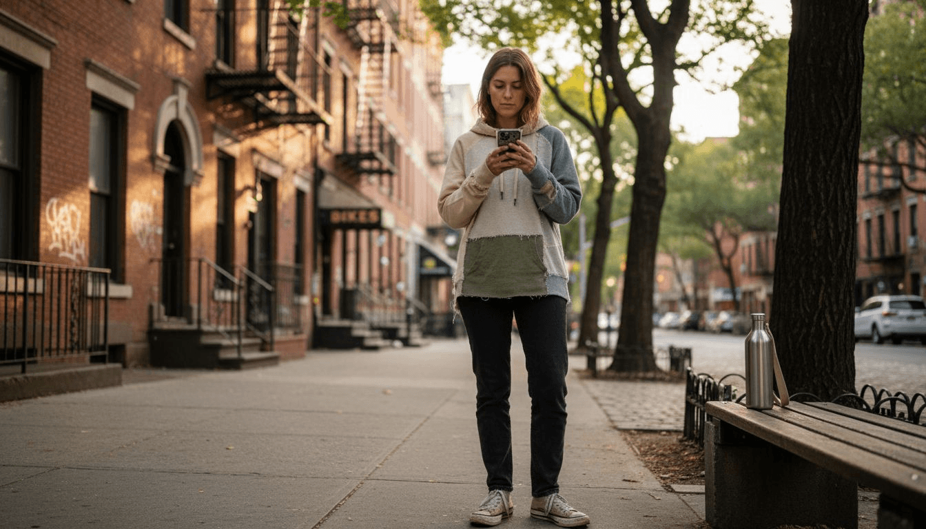 Woman in sustainable streetwear on city sidewalk