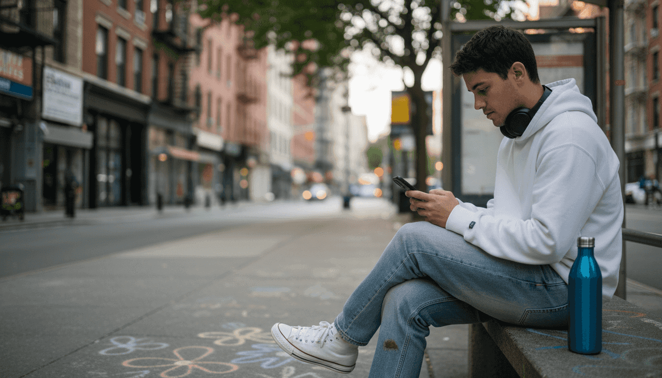 Man in organic cotton hoodie at city bus stop