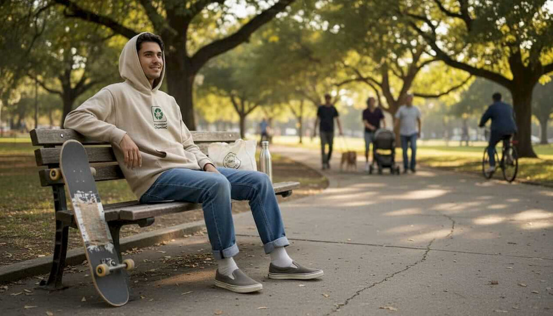 Person wearing eco-friendly streetwear in city park