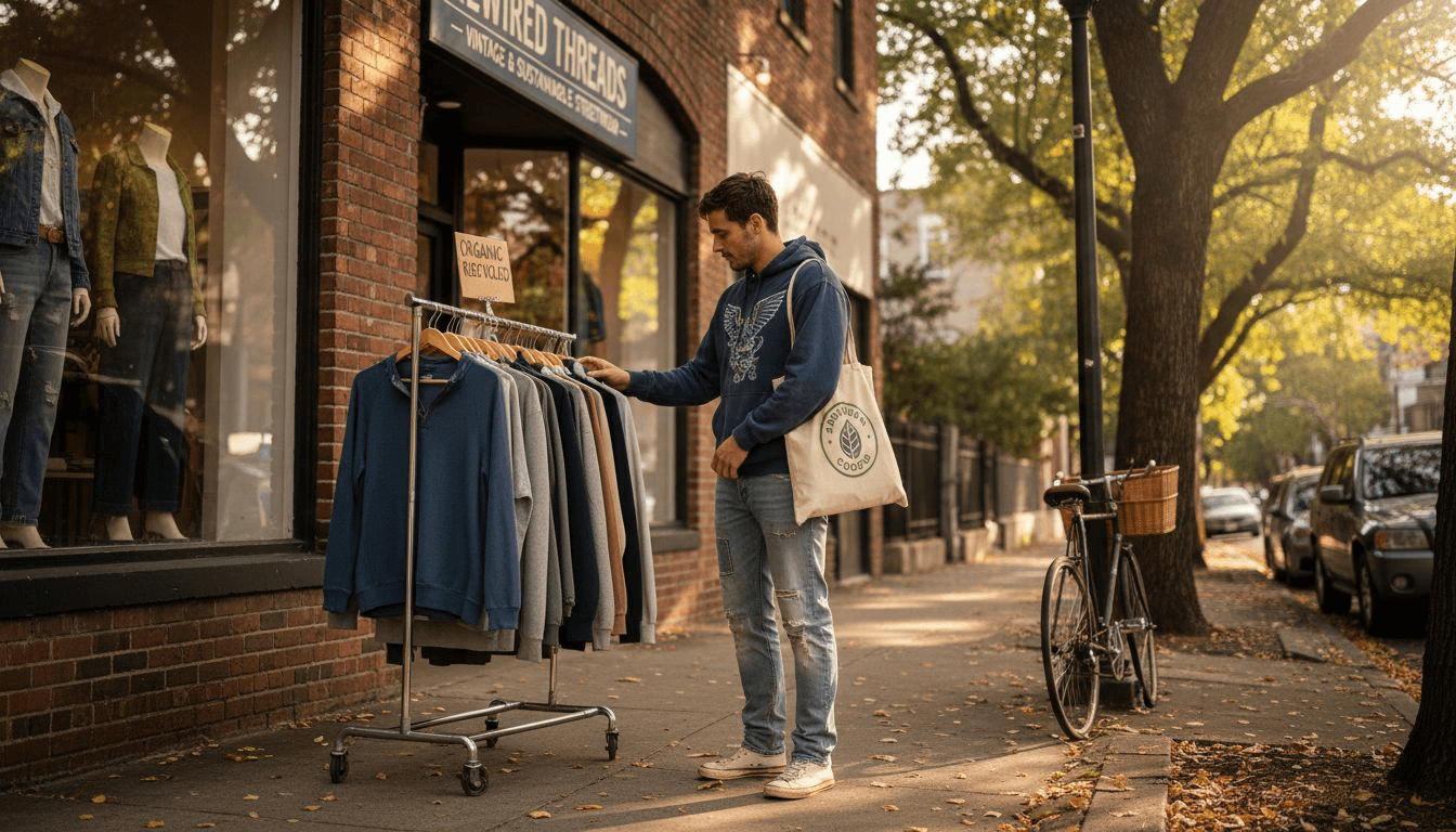 Young man browsing eco-friendly streetwear rack
