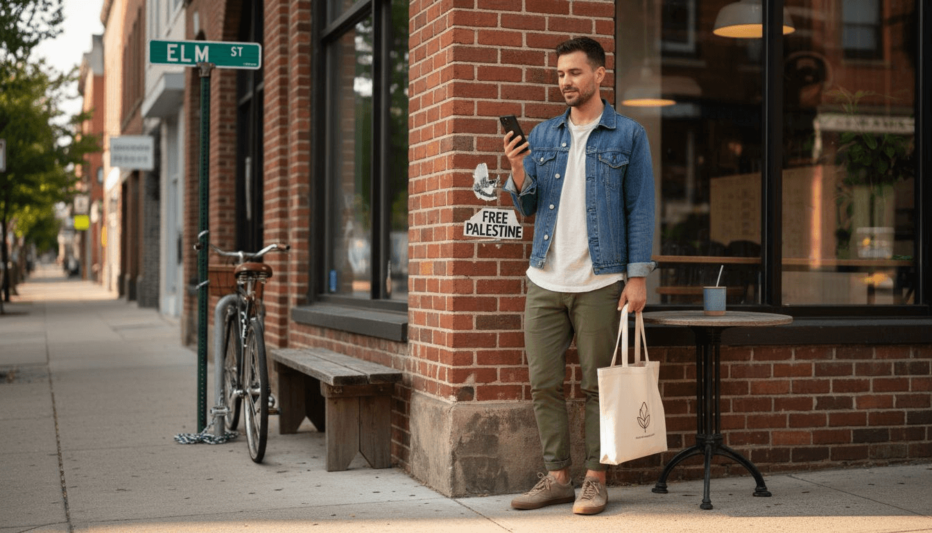 Eco-conscious man in streetwear outside coffee shop