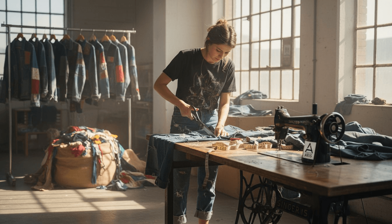 Designer creating upcycled apparel in bright studio