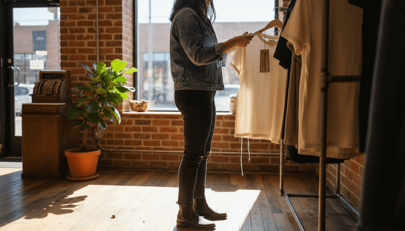 Shopper examines eco-friendly clothes in boutique
