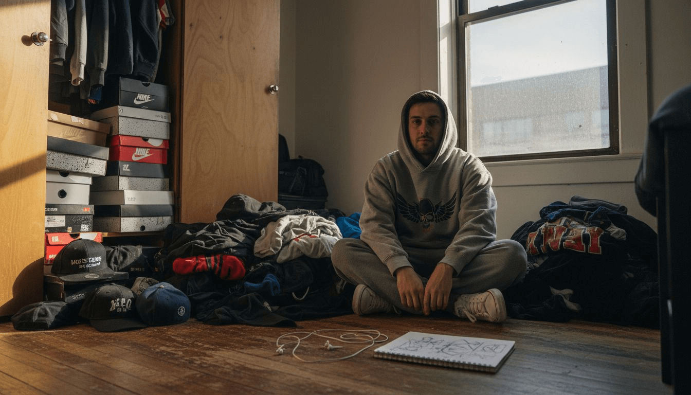 Young man sorts streetwear in apartment