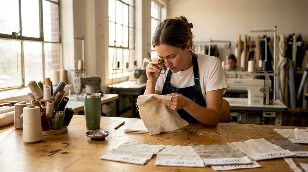 Designer reviews sustainable fabric samples