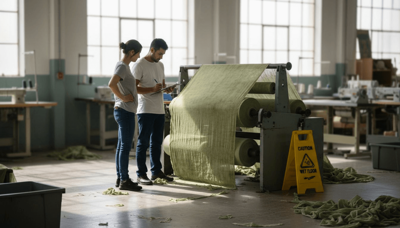 Workers inspecting sustainable fabric in textile factory