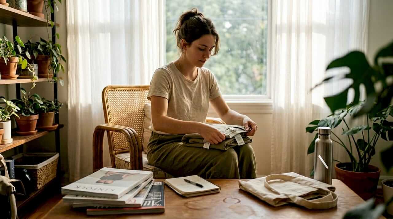 Woman folding organic cotton clothes at home