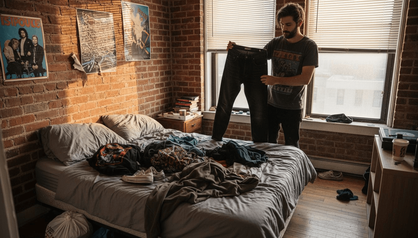 Young man reviewing streetwear in cluttered urban bedroom