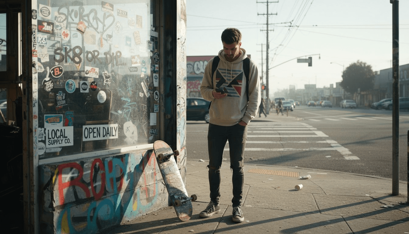 Young man in streetwear by skate shop