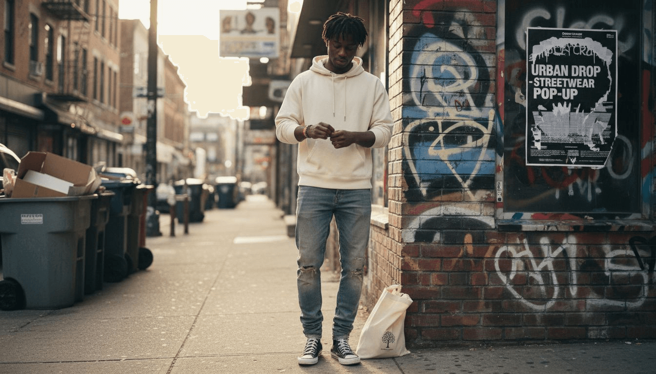 Man adjusting organic streetwear in urban setting