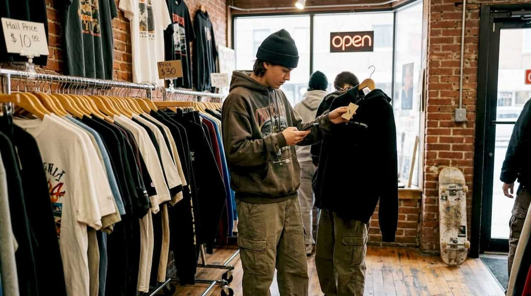 Shopper browsing streetwear in small urban store