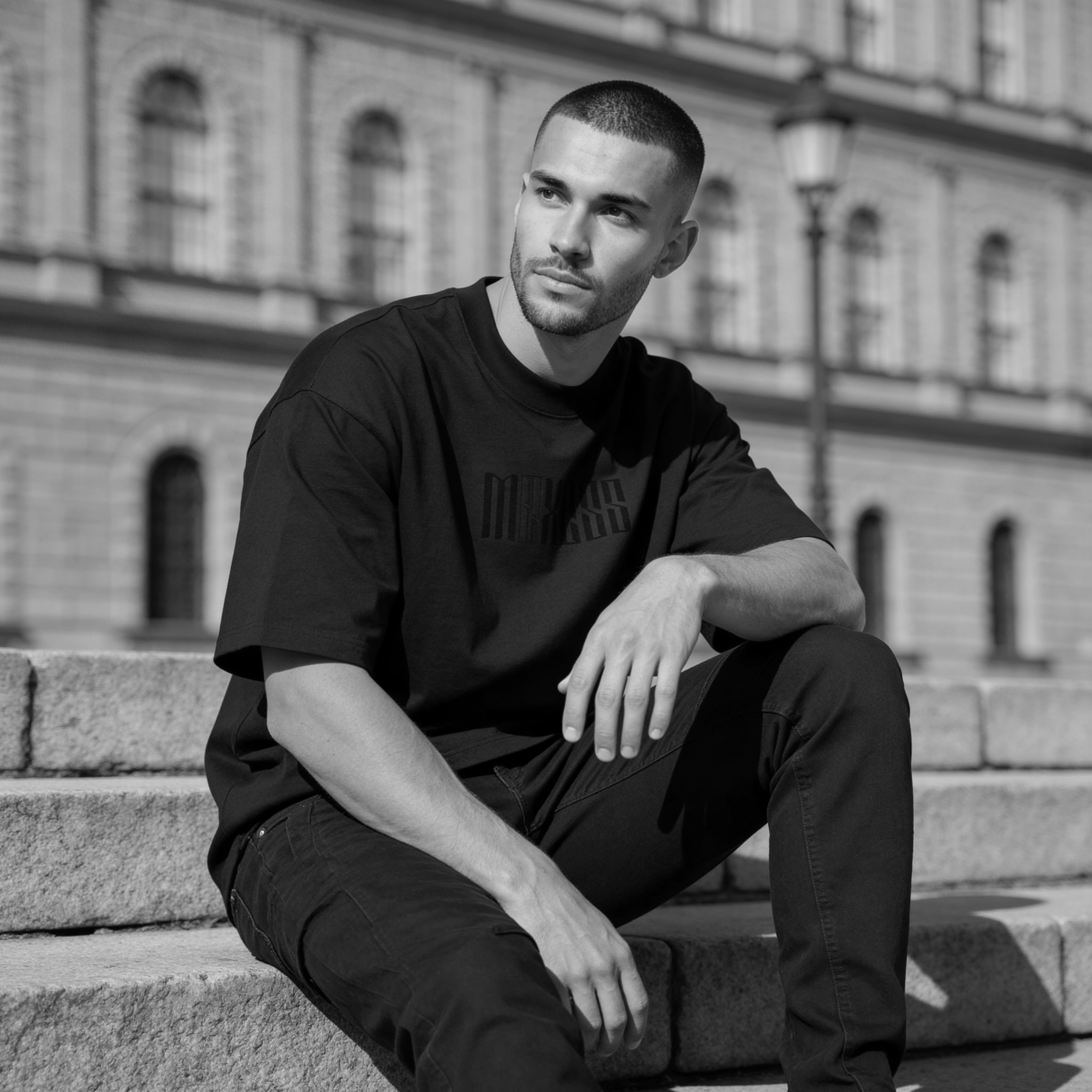 Man wearing MEXESS streetwear t-shirts with graphic back design, showcasing urban fashion.