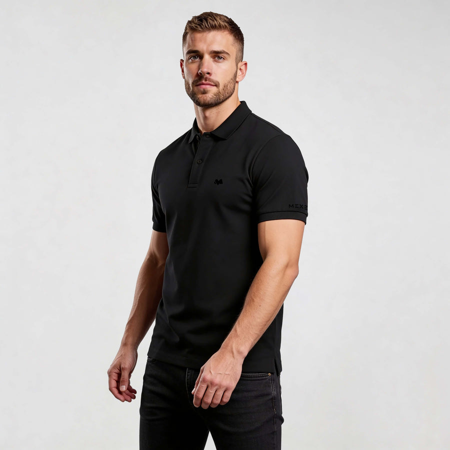 Alt Tag: Mens black polo shirt Core Polo Shirt CO001 by MEXESS, minimalist short-sleeve organic cotton polo