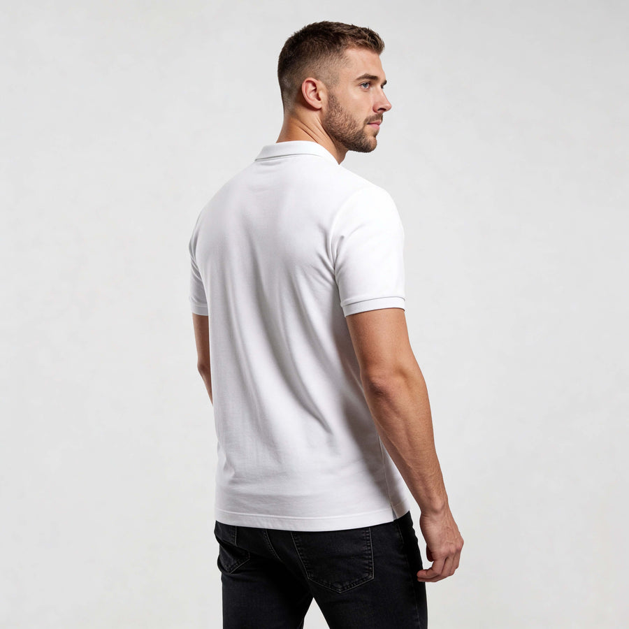 polo shirt Core Polo Shirt CO001 by MEXESS, men’s white organic cotton polo, back view minimalist fit