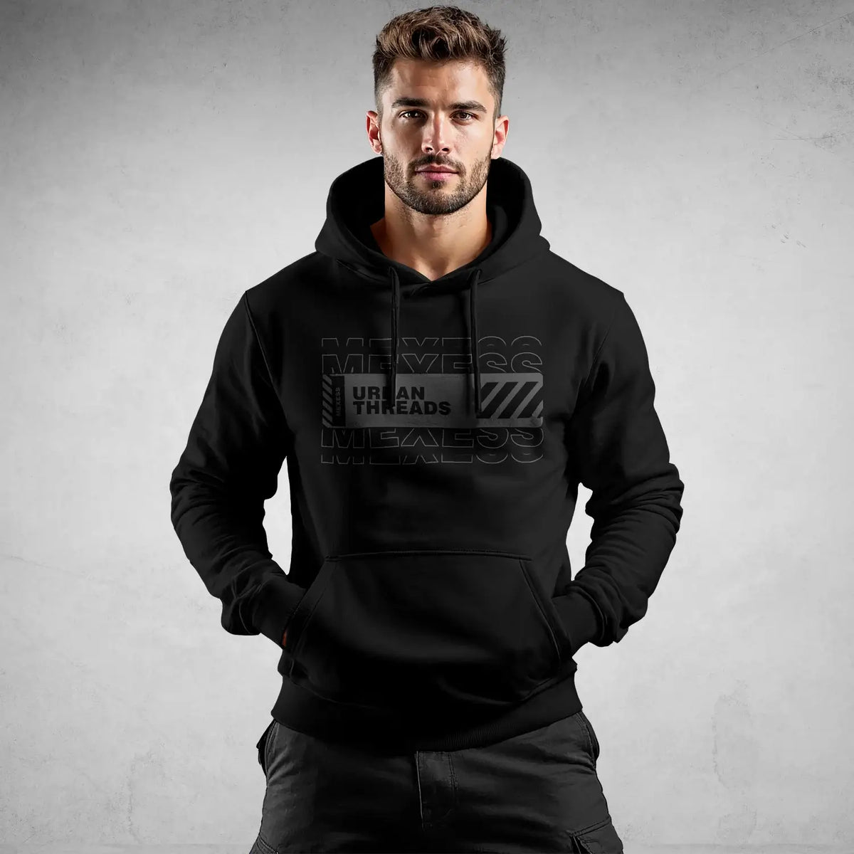 streetwear hoodie Iconic Streetwear Hoodie DR086 black regular fit men’s pullover with kangaroo pocket, front graphic logo