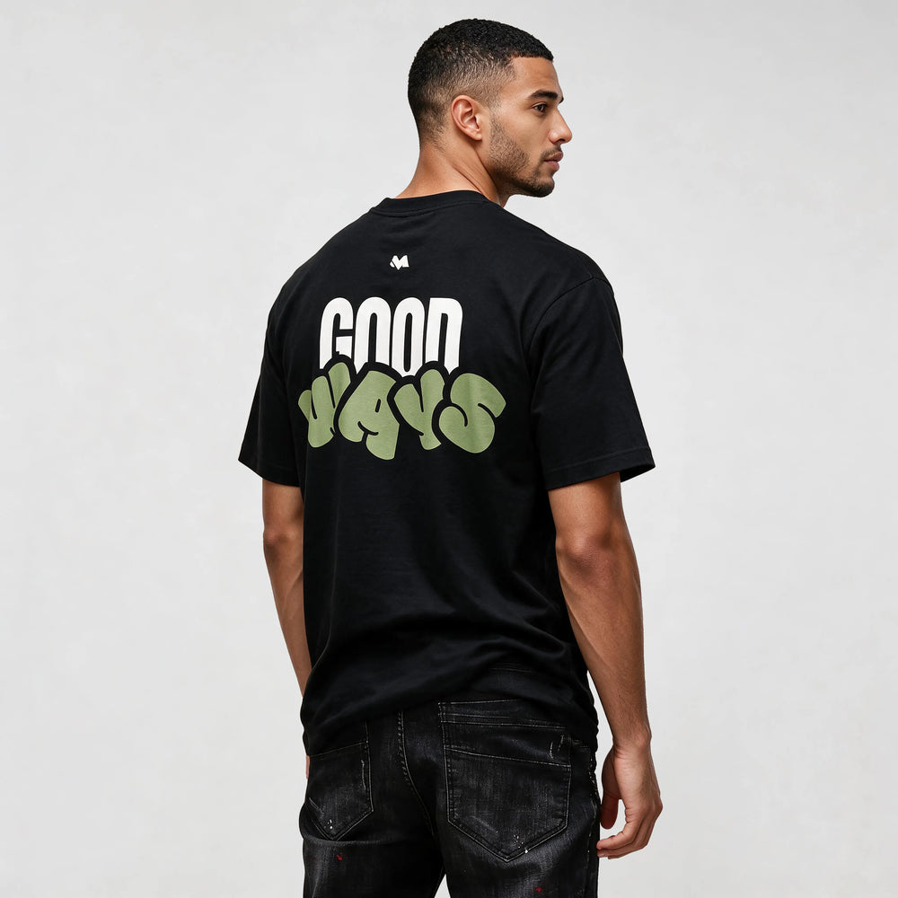 Black back print tee for men, three-quarter view showing the Good Ways bubble-letter graphic across the upper back