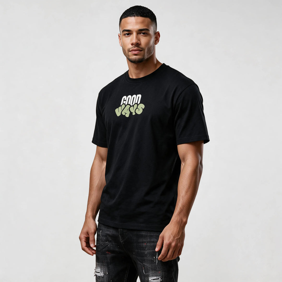 Regular fit organic cotton tee for men, front view with the small Good Ways chest print in white and sage green