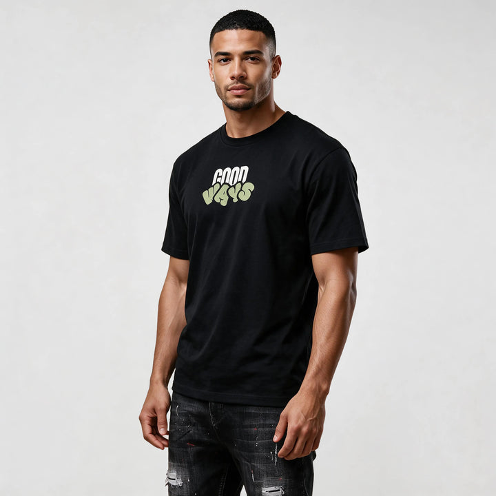 Regular fit organic cotton tee for men, front view with the small Good Ways chest print in white and sage green