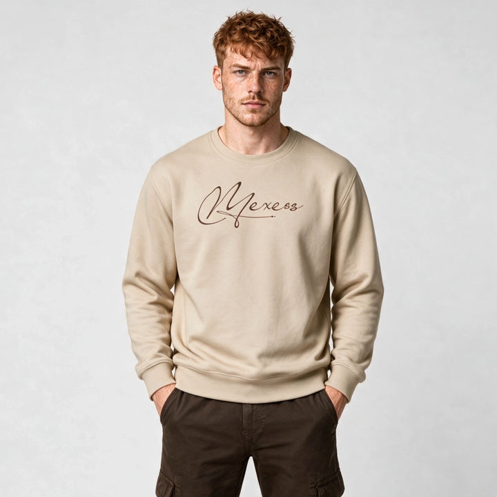 Beige signature logo sweatshirt for men, front view with brown MEXESS script on the chest