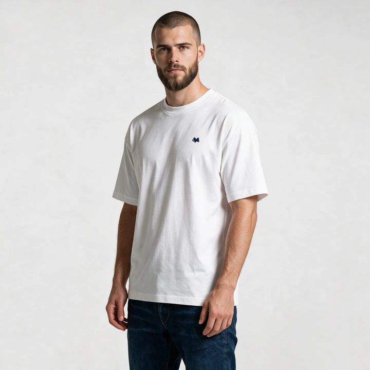 White t-shirt, front view with a small navy M logo on the left chest