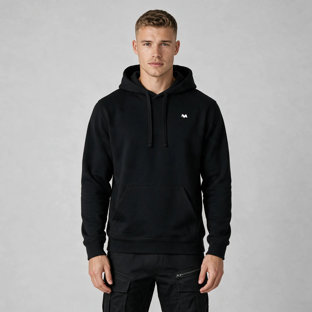 Organic cotton hoodie in black, front view with a small white M logo on the chest and drawcords