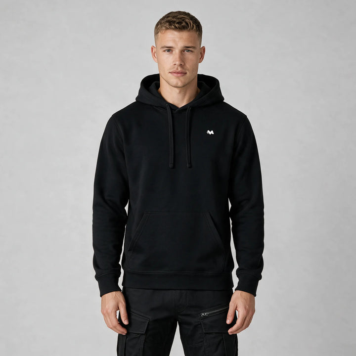 Organic cotton hoodie in black, front view with a small white M logo on the chest and drawcords