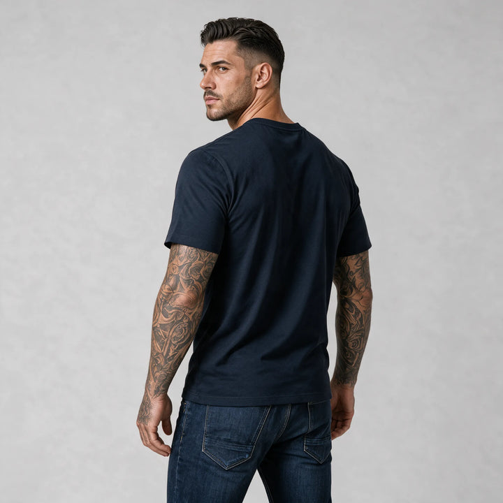 Dark blue organic cotton t-shirt with a back print and MEXESS script