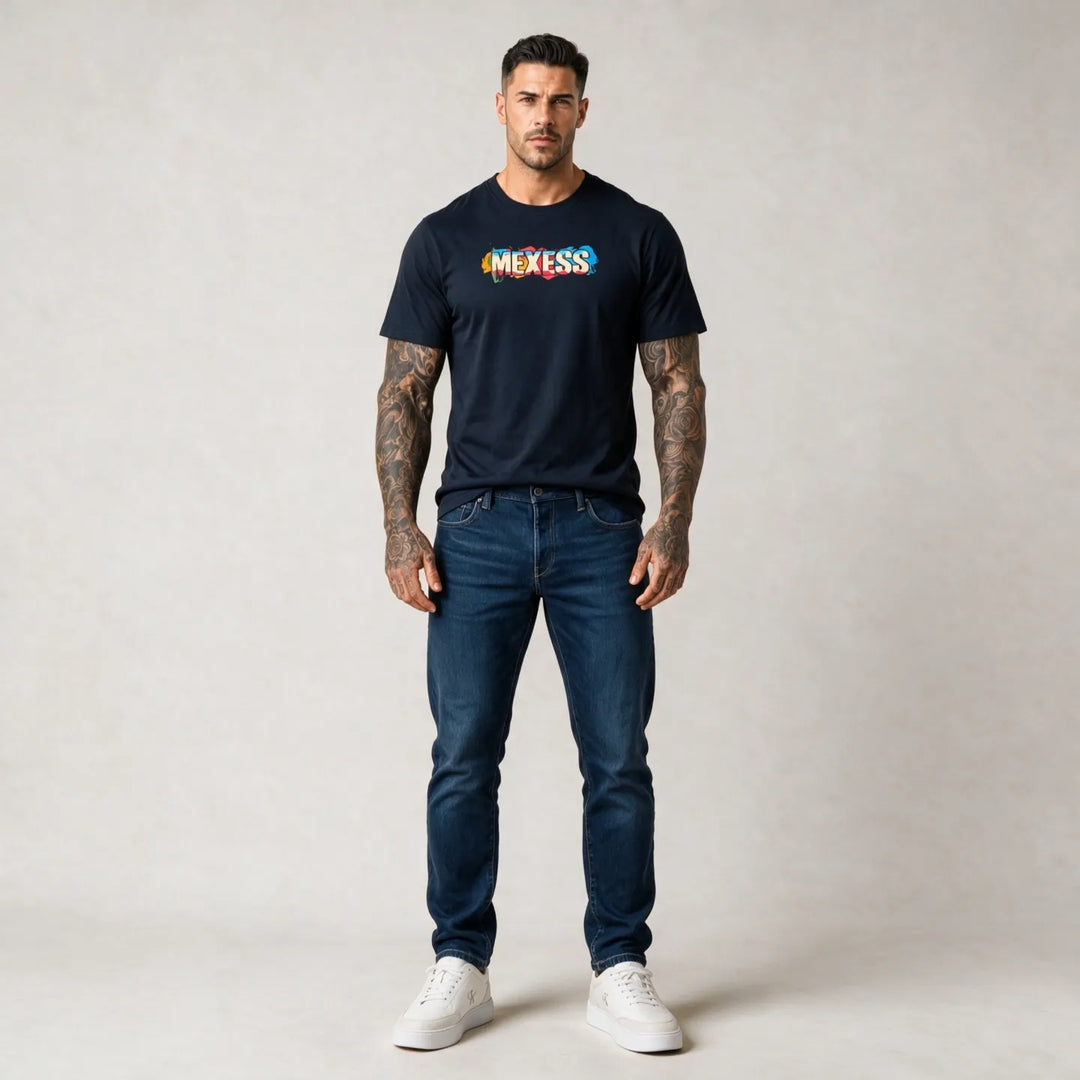 MEXESS dark blue t-shirt with a colorful hand-drawn back print design