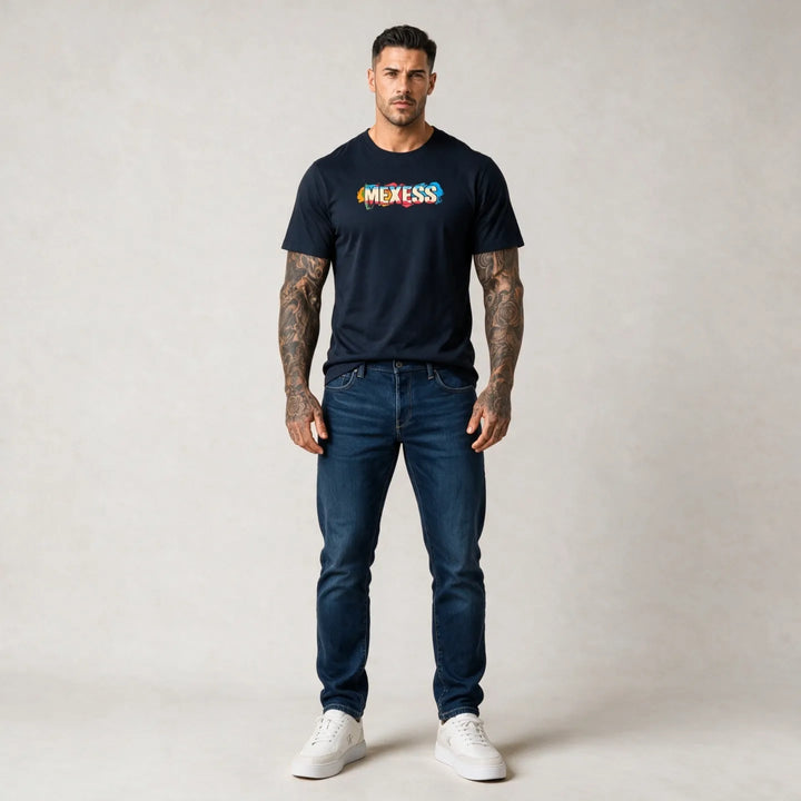 MEXESS dark blue t-shirt with a colorful hand-drawn back print design