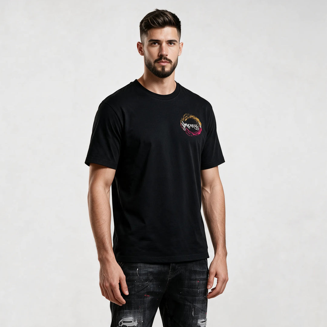 Black organic cotton graphic t-shirt with a black-and-white rose print on the back