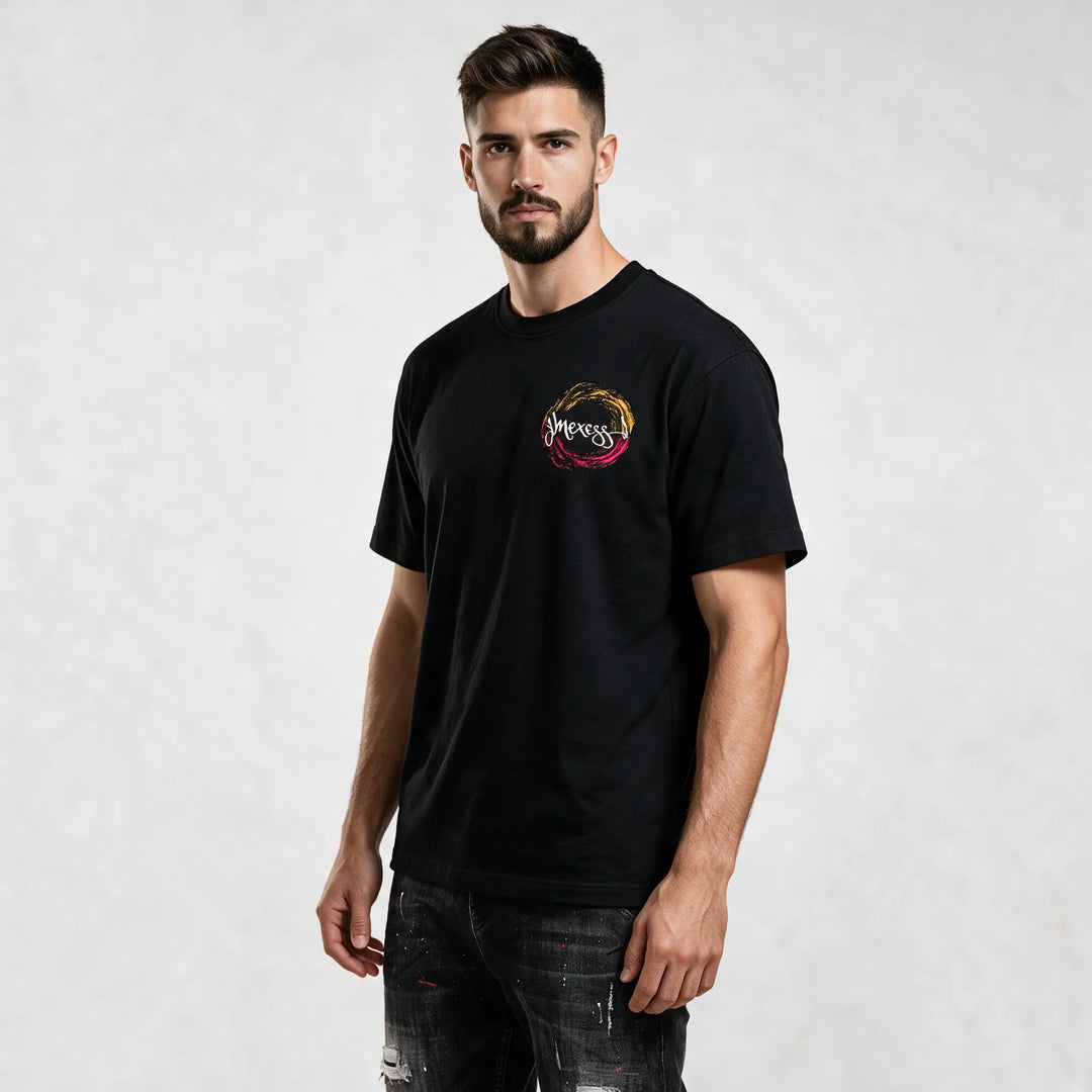 Back view of a black men's t-shirt with a monochrome rose print