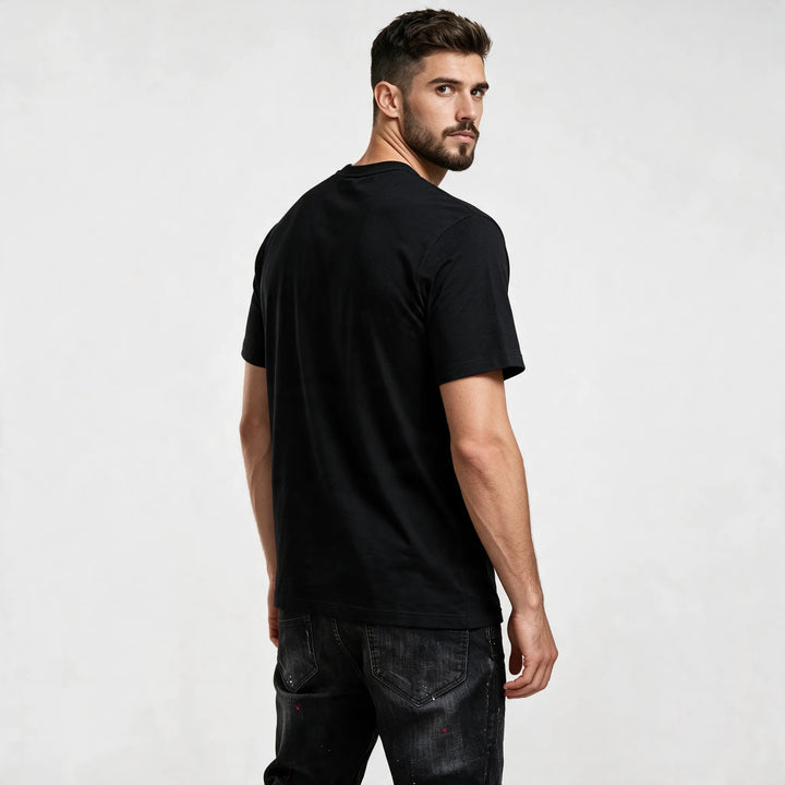 Black-and-white rose print on a black regular fit t-shirt