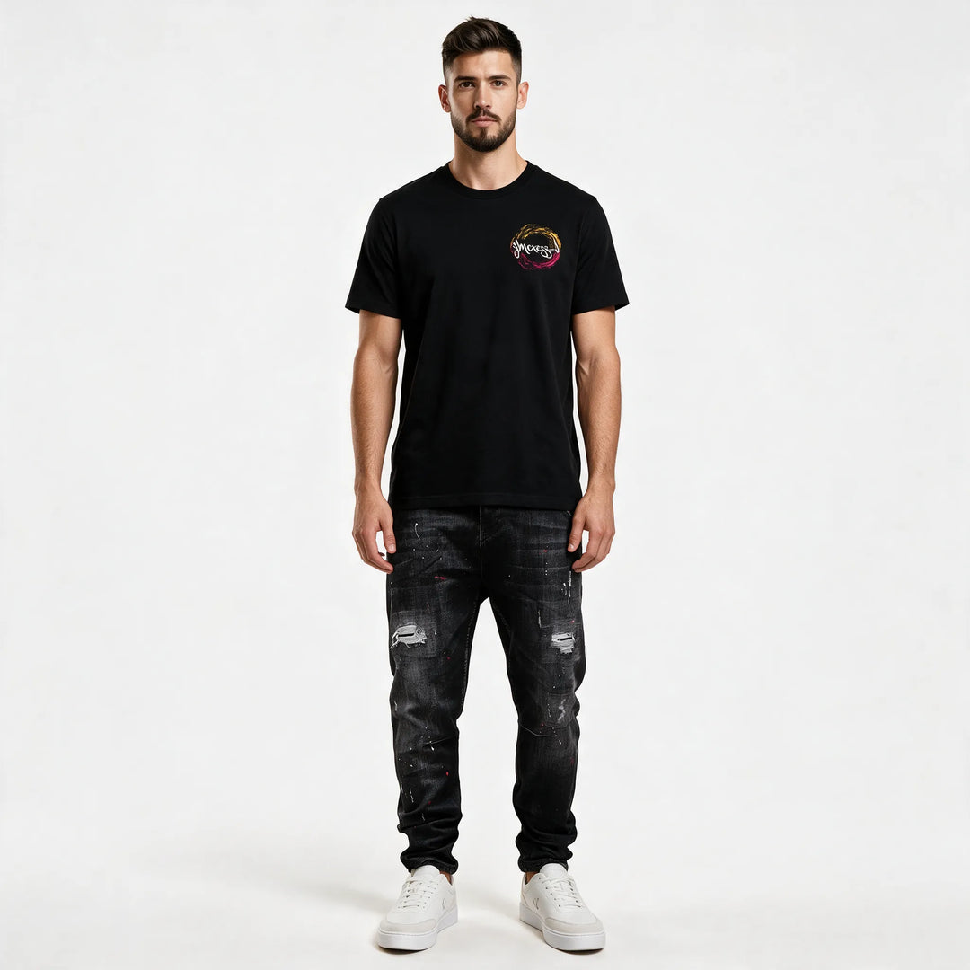 Black graphic t-shirt with a rose back print and MEXESS script wordmark