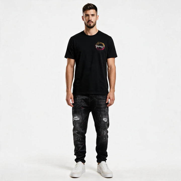 Black graphic t-shirt with a rose back print and MEXESS script wordmark