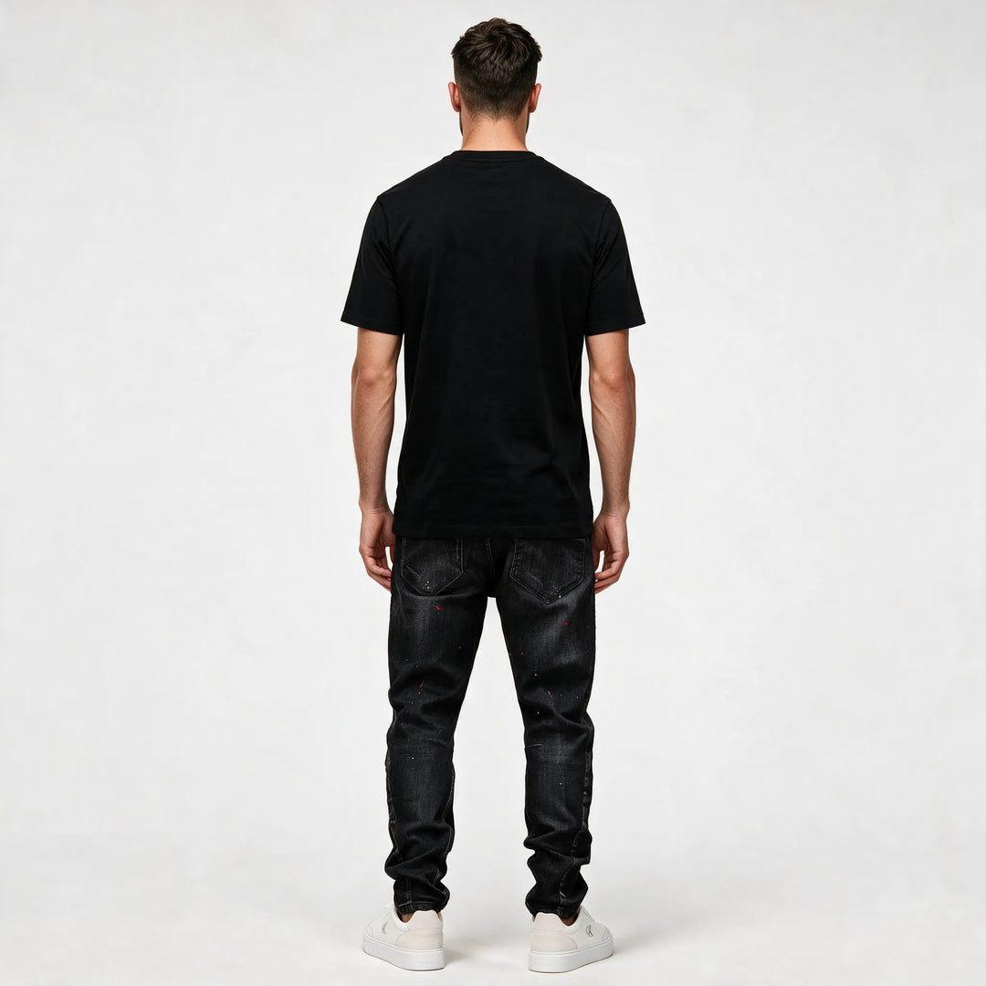 Rose print detail on black organic cotton jersey