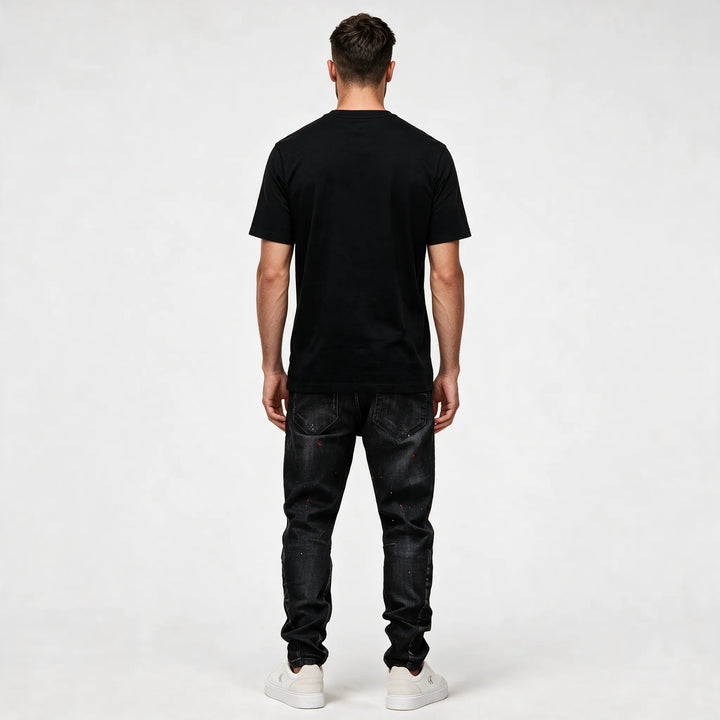 Rose print detail on black organic cotton jersey