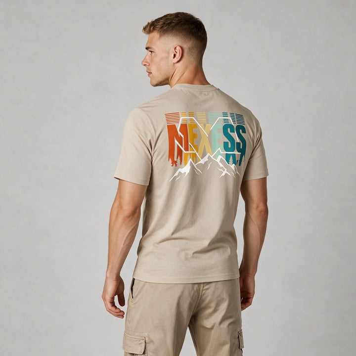 Beige organic cotton t-shirt with a retro MEXESS mountain back print