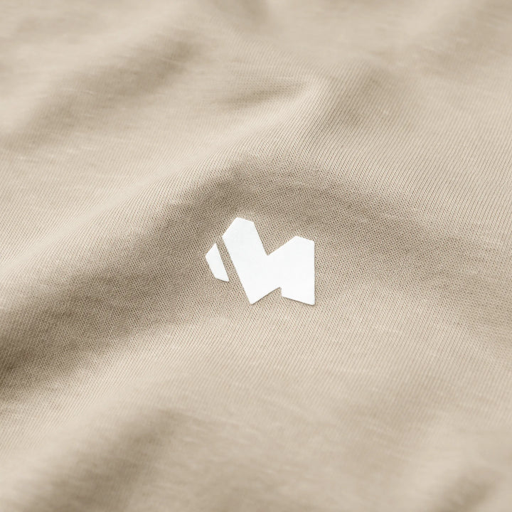 Beige t-shirt with orange, mint and teal mountain print