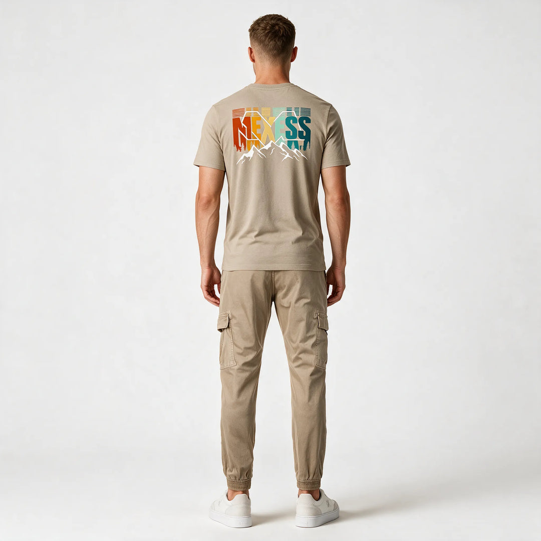Beige MEXESS t-shirt with striped retro lettering on the back