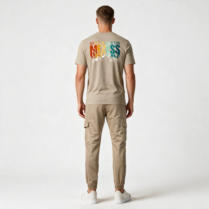 Beige MEXESS t-shirt with striped retro lettering on the back