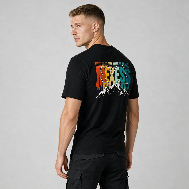 Black organic cotton t-shirt with a retro MEXESS mountain back print