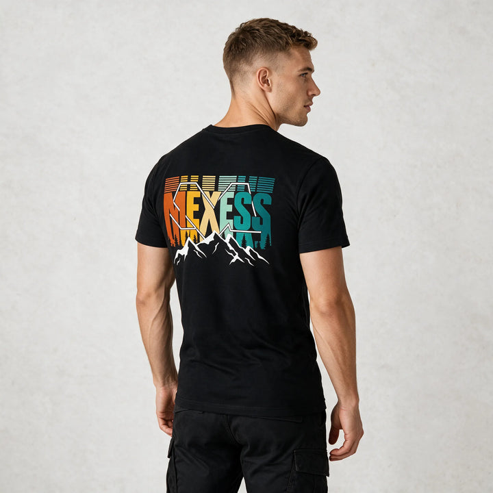 Black t-shirt with retro MEXESS lettering and white mountain peaks on the back